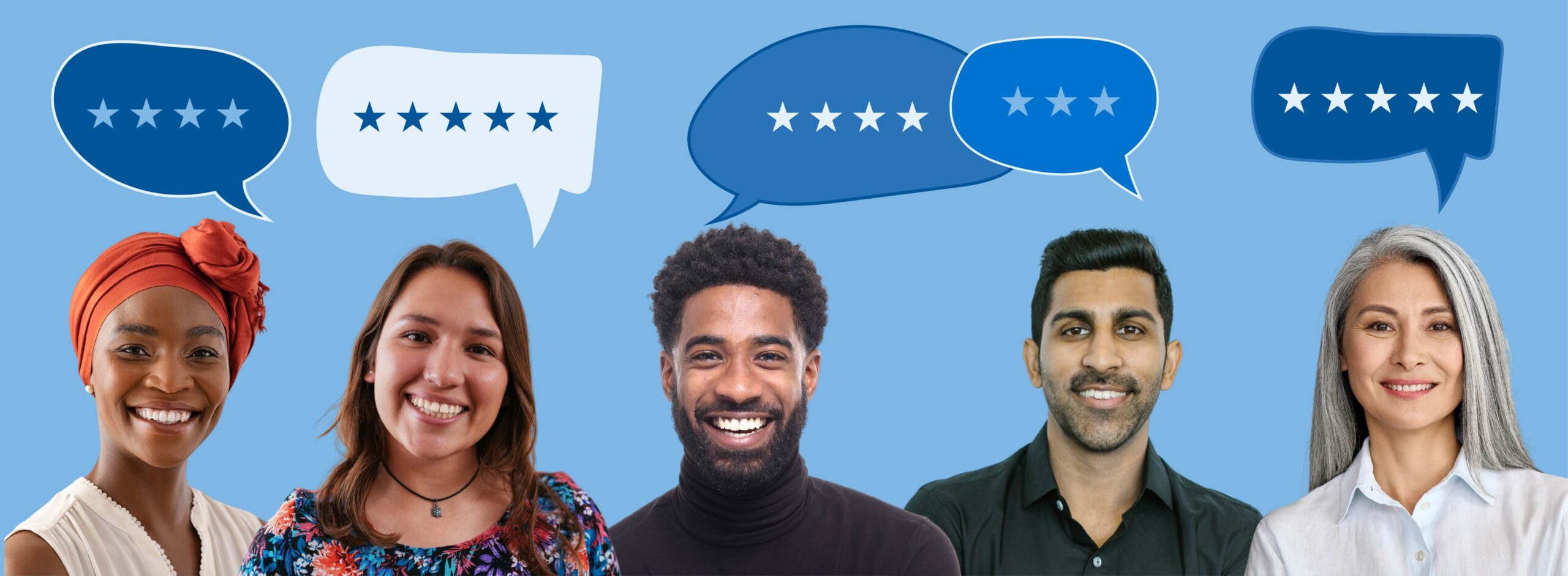 clients with speech bubbles representing reviews title Diverse group rating services with speech bubbles and stars.