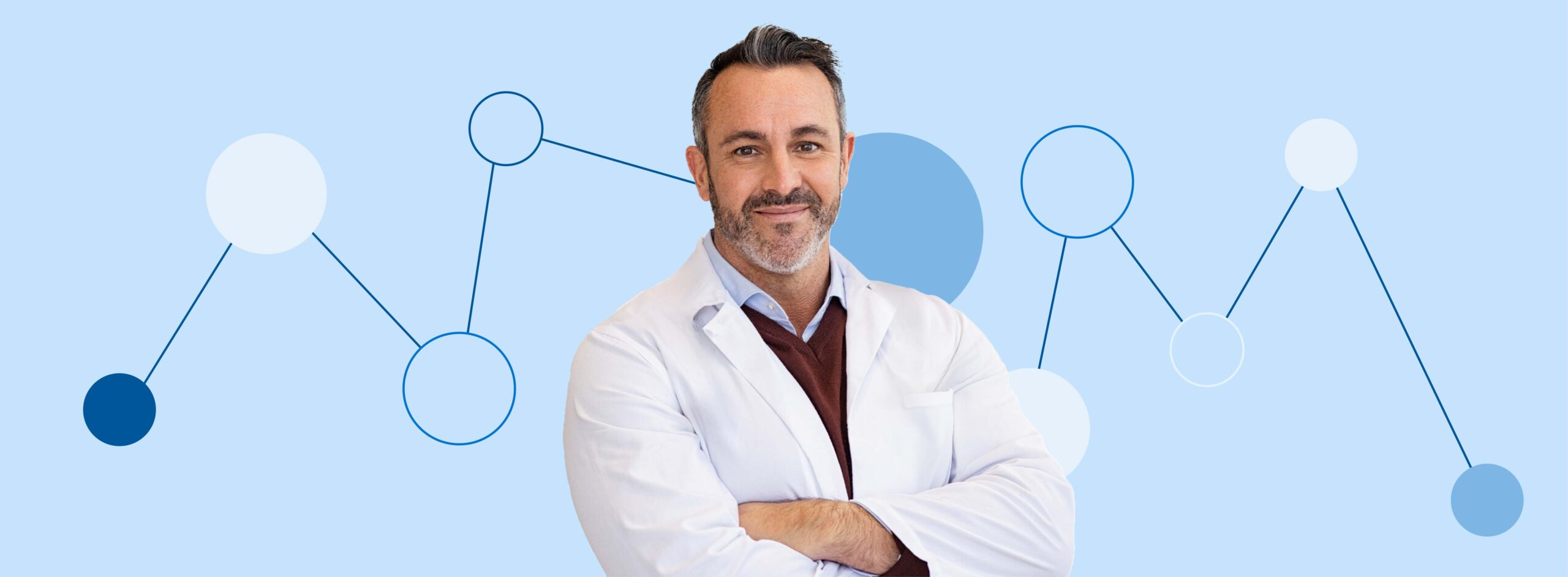 healthcare practitioner advertising tips title Confident doctor with arms crossed, abstract blue network backdrop.