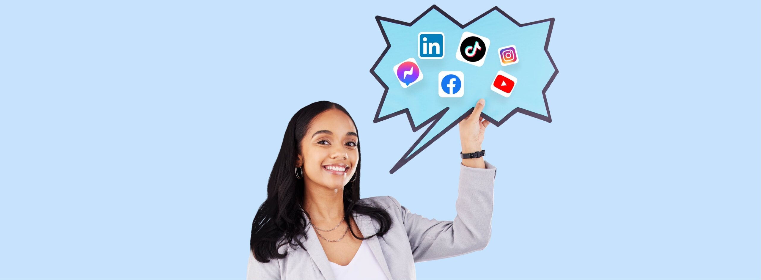 lawyer standing with social media icons title Woman pointing at social media icons on speech bubble.