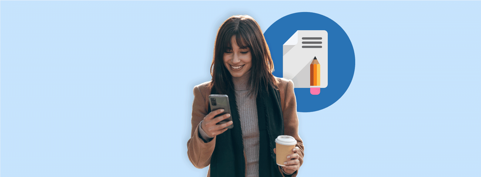 woman reading blogs on phone Woman smiling, using smartphone, holding coffee outdoors.